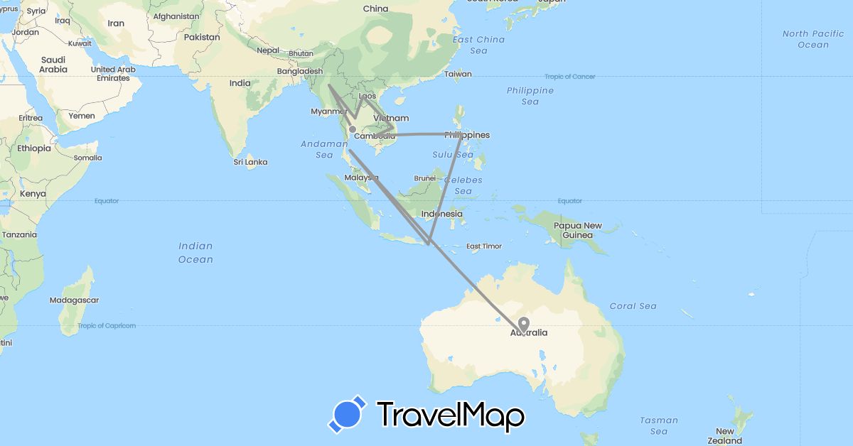 TravelMap itinerary: plane in Australia, France, Indonesia, Cambodia, Laos, Myanmar (Burma), Philippines, Thailand, Vietnam (Asia, Europe, Oceania)